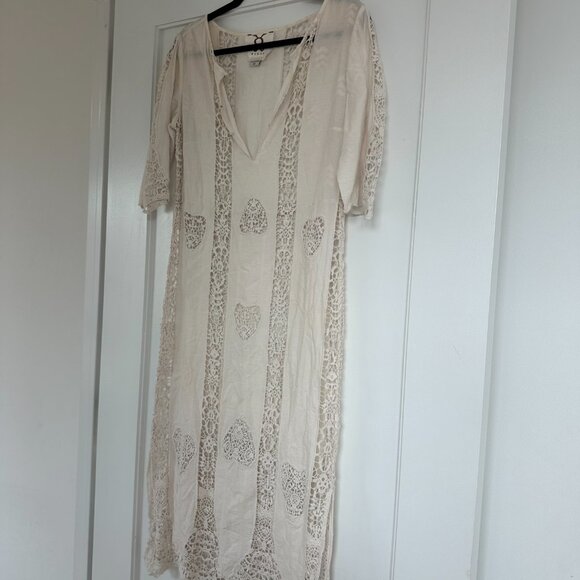 Figue Embroidered Lace Maxi Dress Sz XS Scalloped Trim V-Neck Quarter Sleeves - Picture 1 of 10
